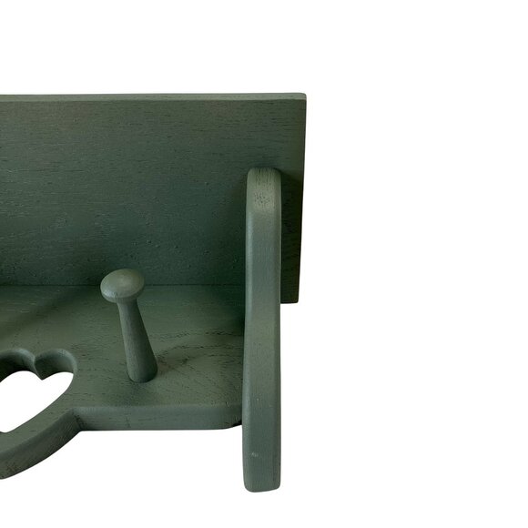 Handcrafted Wooden Wall Shelf With Heart Design & Pegs Sage Green - Picture 6 of 7